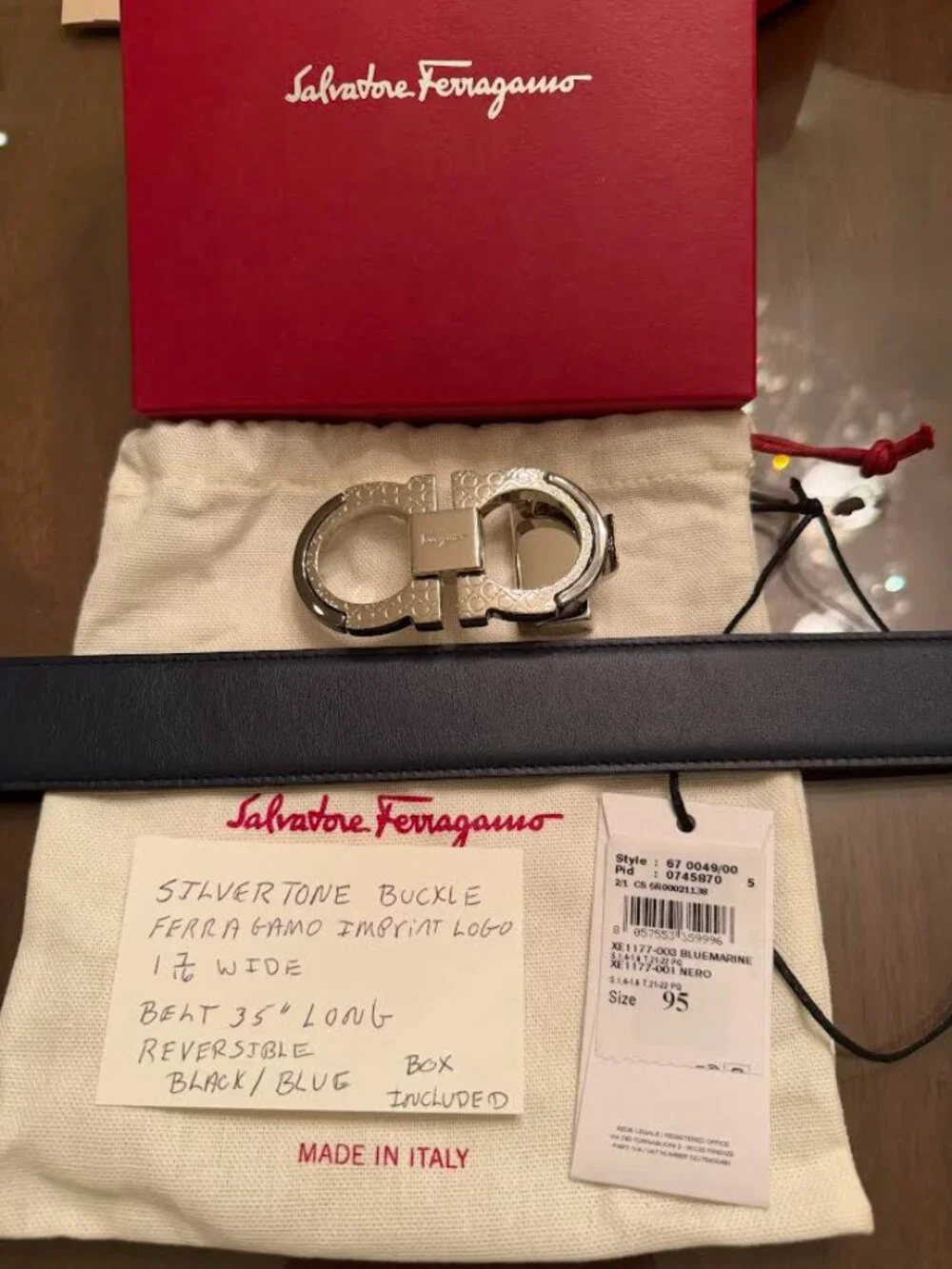 Ferragamo Silvertone Buckle with Imprinted Logo Black Blue Reversable
